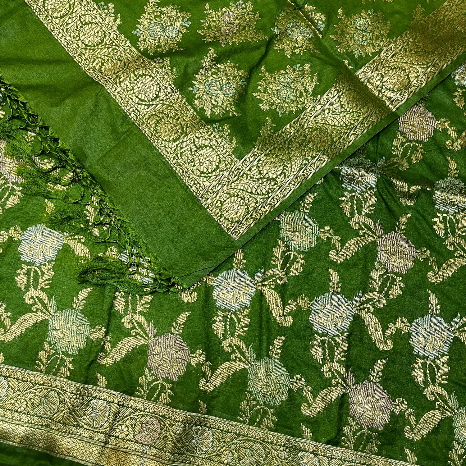 Mehendi Zari Katan Silk Banarasi Suit