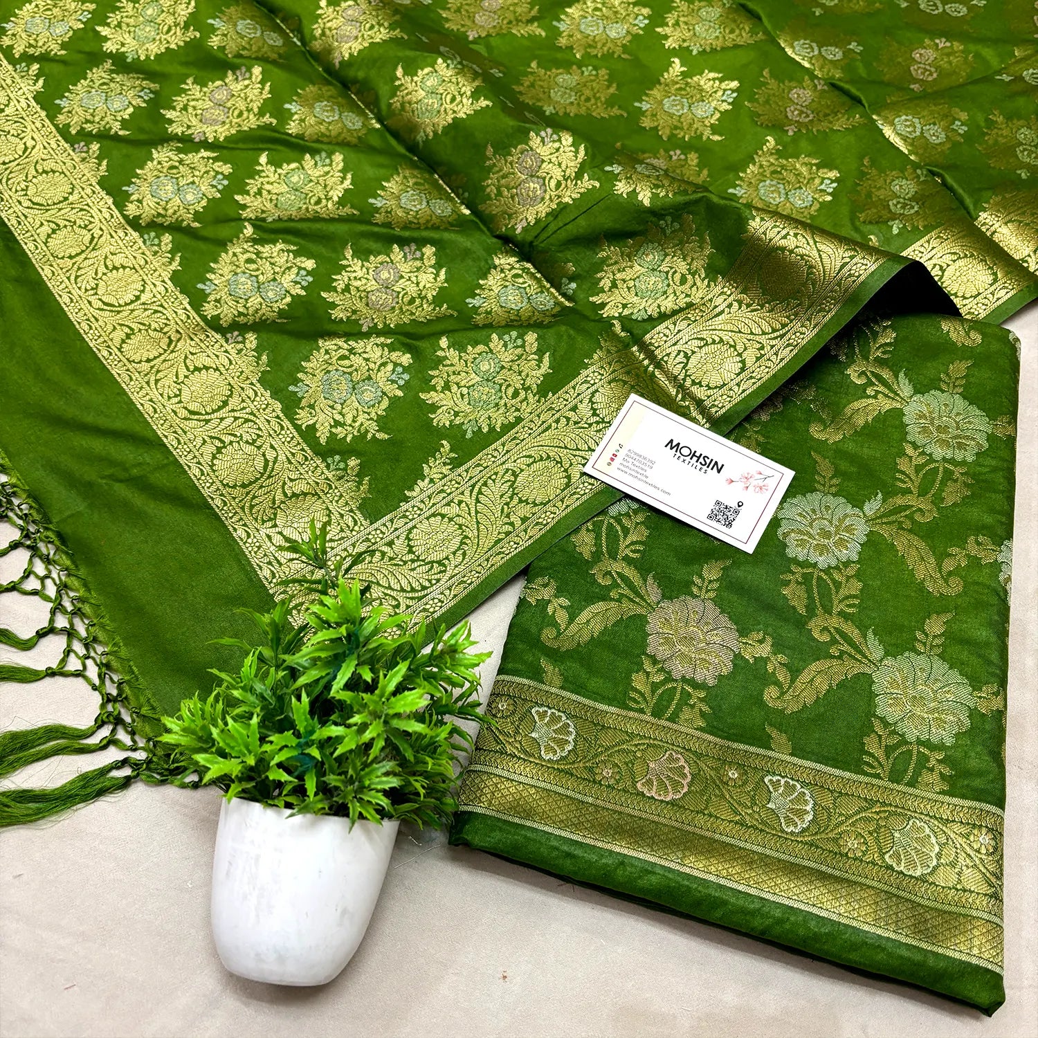 Mehendi Zari Katan Silk Banarasi Suit
