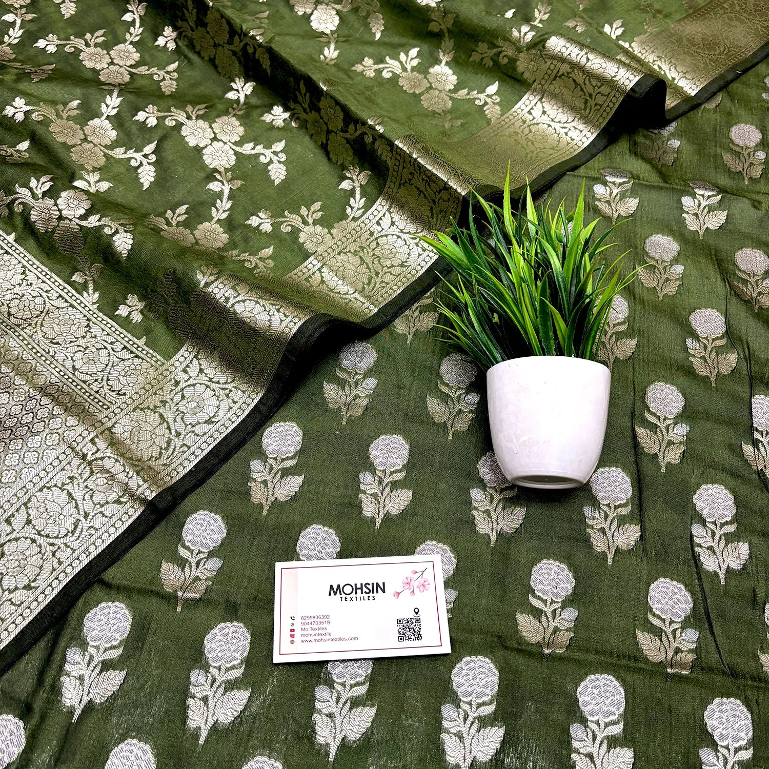 Mehendi Zari Katan Silk Banarasi Suit