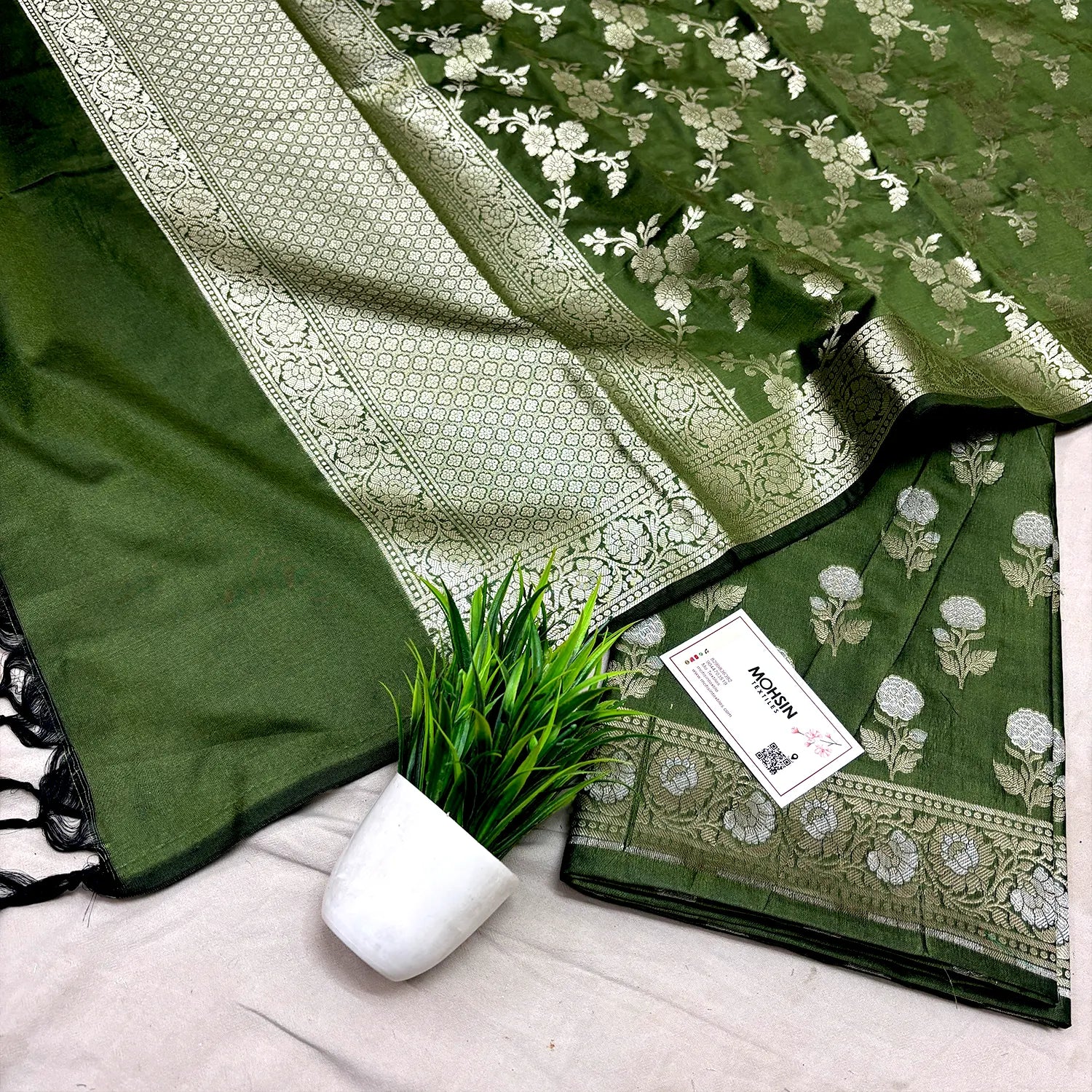 Mehendi Zari Katan Silk Banarasi Suit