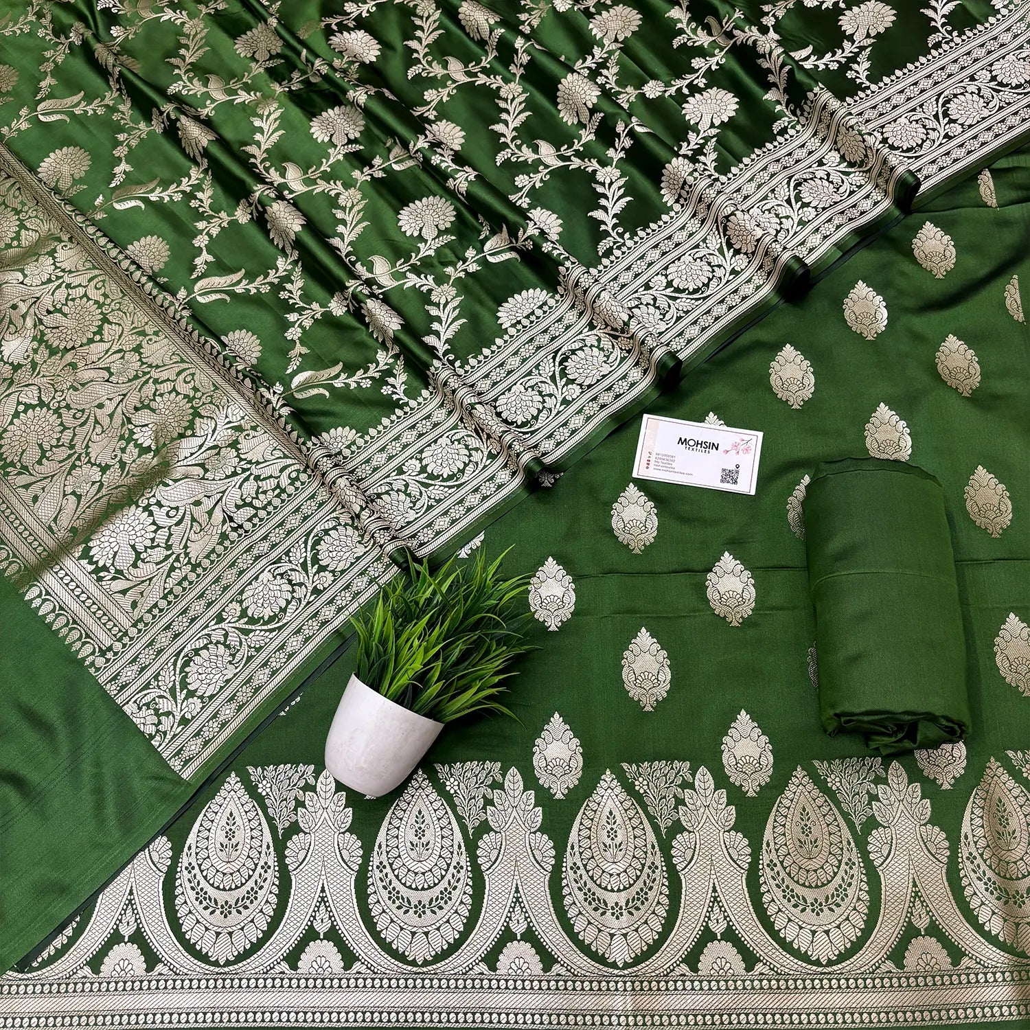 Mehendi Zari Katan Silk Banarasi Suit