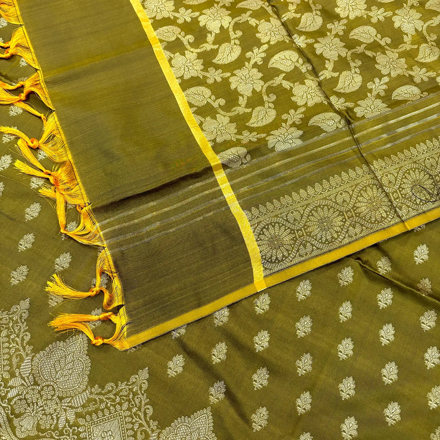 Mehendi Zari Satin Silk Banarasi Suit