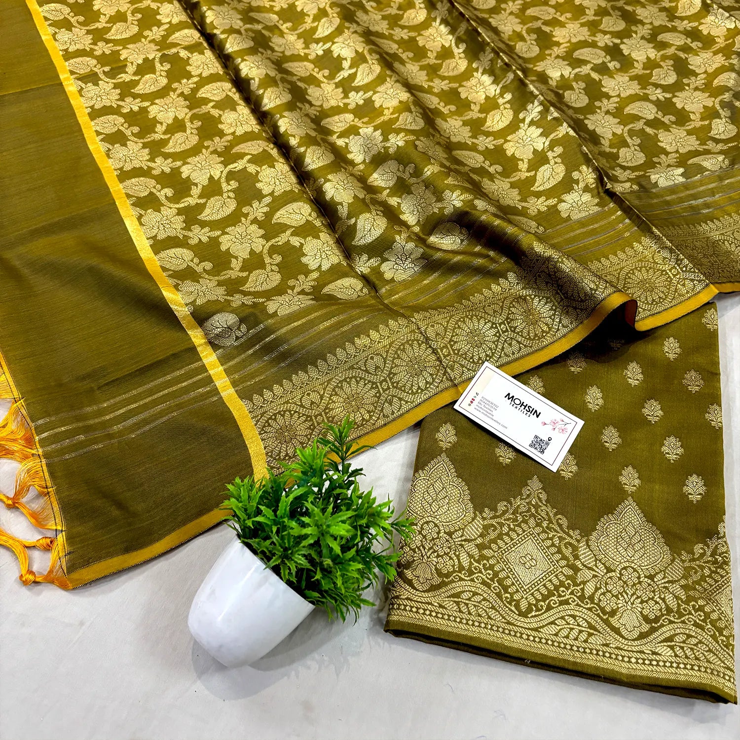 Mehendi Zari Satin Silk Banarasi Suit