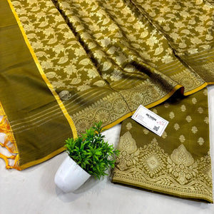 Mehendi Zari Satin Silk Banarasi Suit