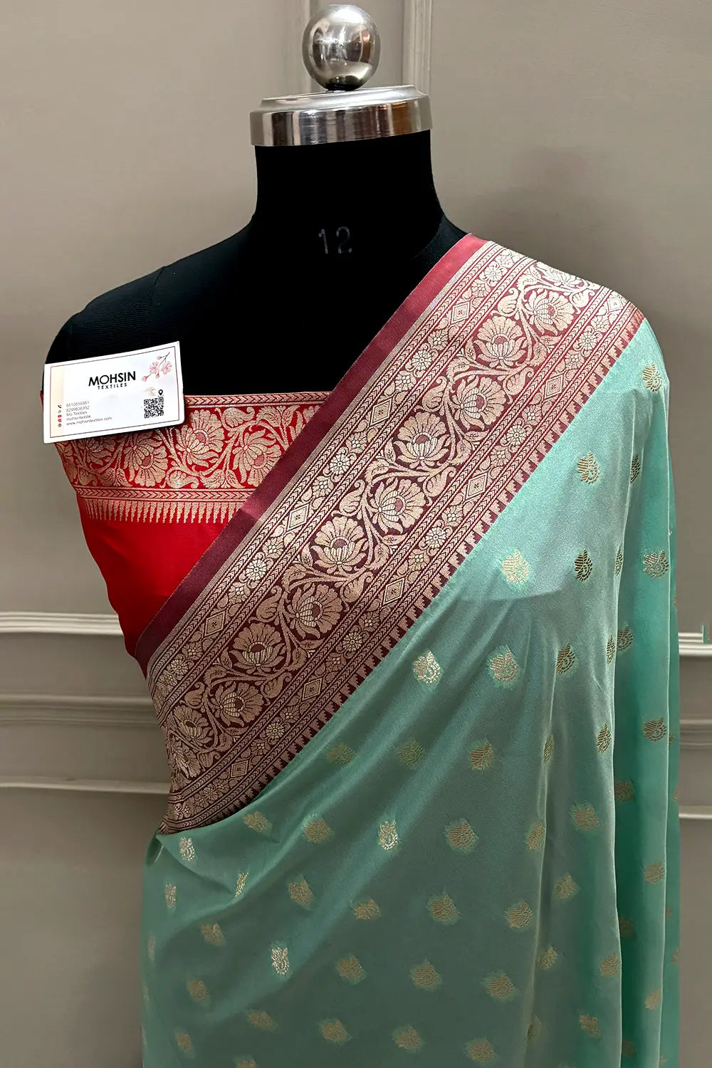 Mint and Red Ghonga Buti Katan Silk Banarasi Saree