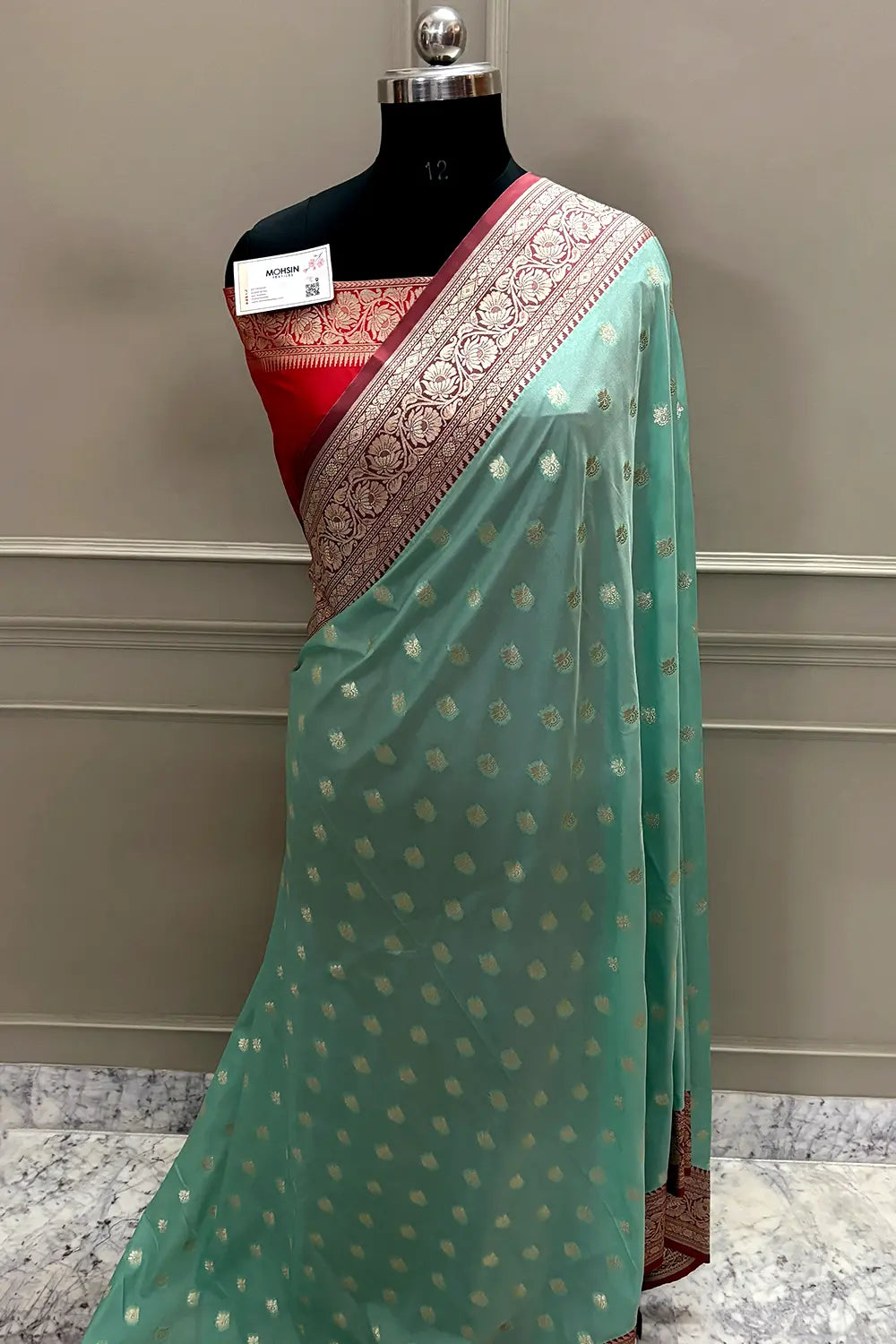 Mint and Red Ghonga Buti Katan Silk Banarasi Saree