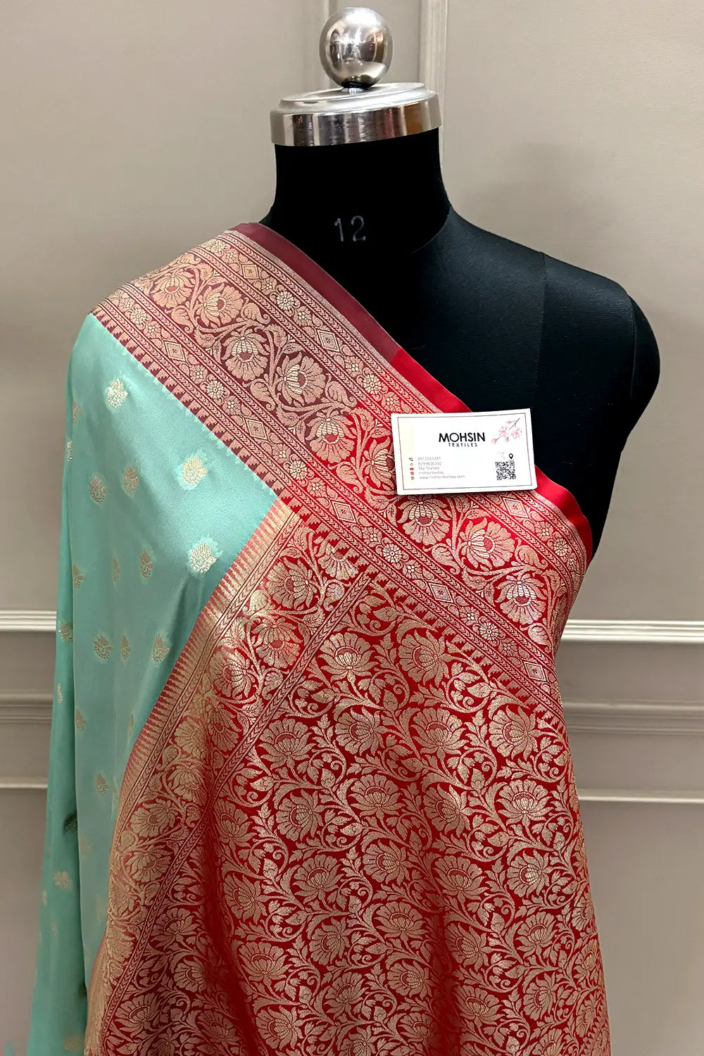 Mint and Red Ghonga Buti Katan Silk Banarasi Saree