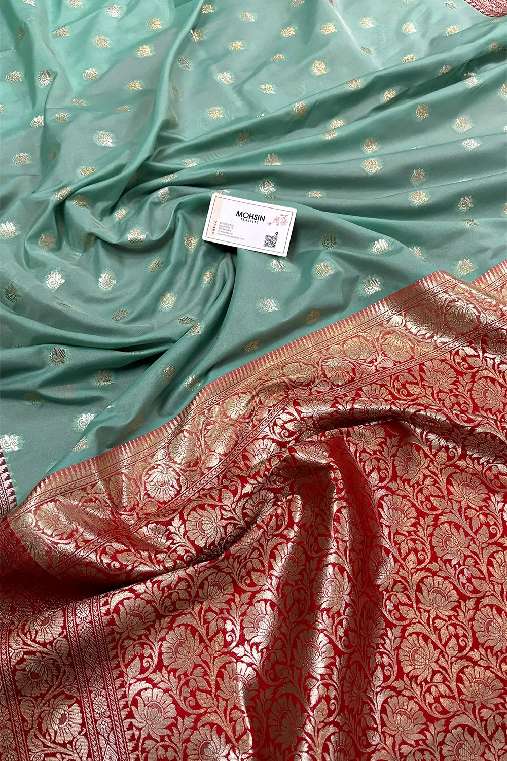 Mint and Red Ghonga Buti Katan Silk Banarasi Saree