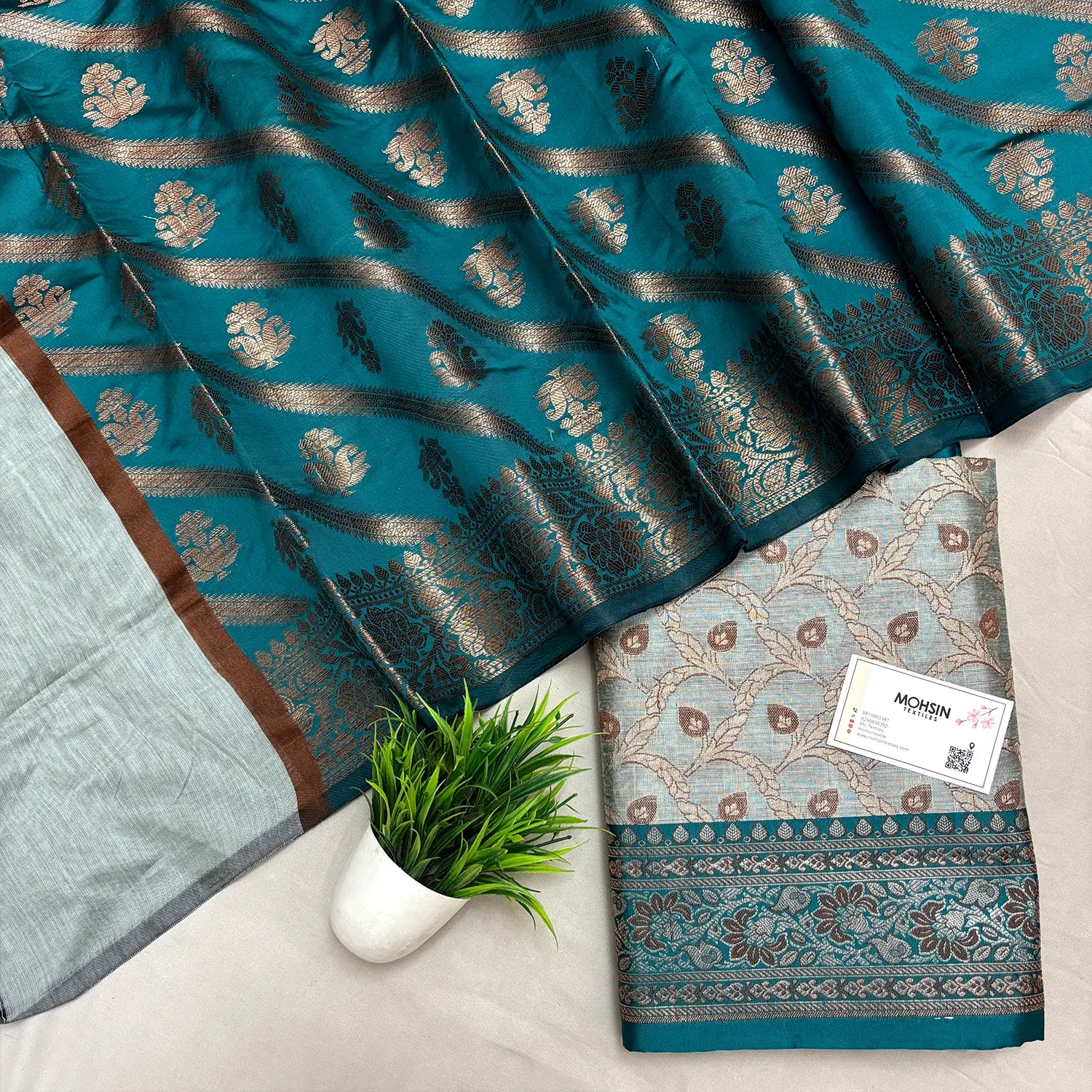 Mint and Teal Patti Jaal Banarasi Silk Suit