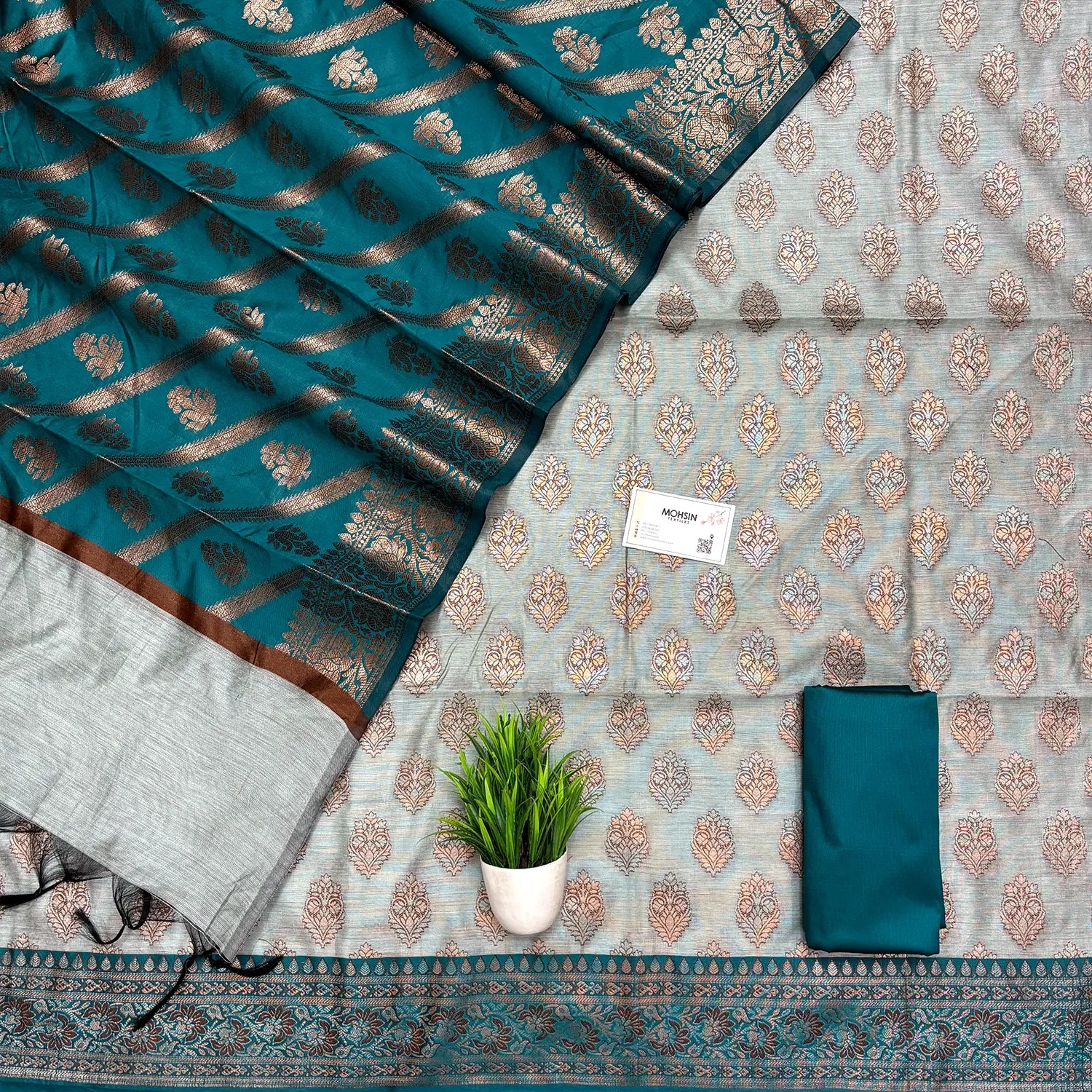 Mint Green and Teal Banarasi Silk Suit