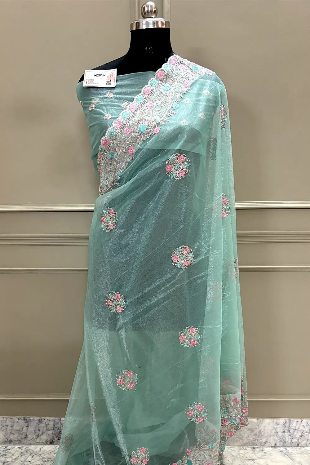 Mint Green Embroidery Swarovski Brasso Net Saree