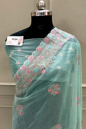 Mint Green Embroidery Swarovski Brasso Net Saree
