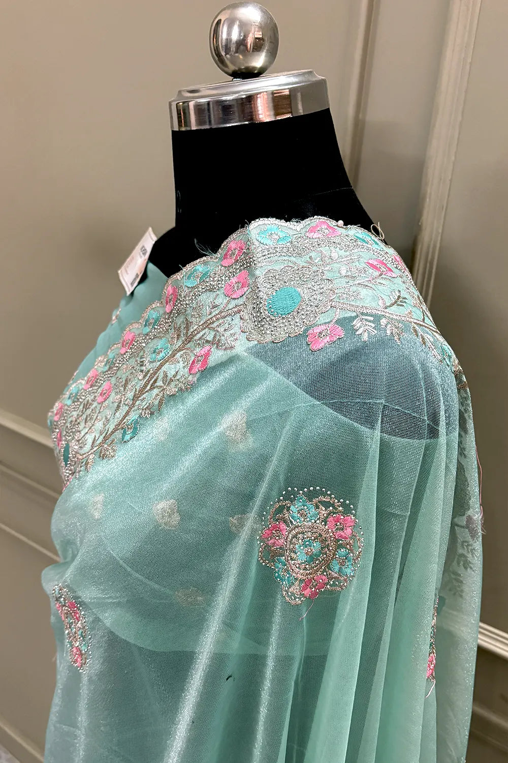 Mint Green Embroidery Swarovski Brasso Net Saree