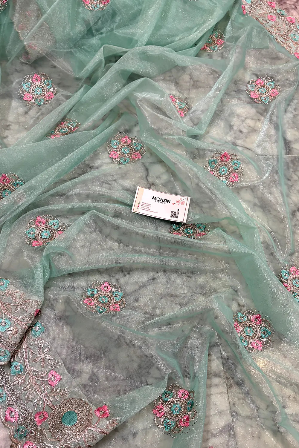 Mint Green Embroidery Swarovski Brasso Net Saree