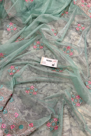 Mint Green Embroidery Swarovski Brasso Net Saree