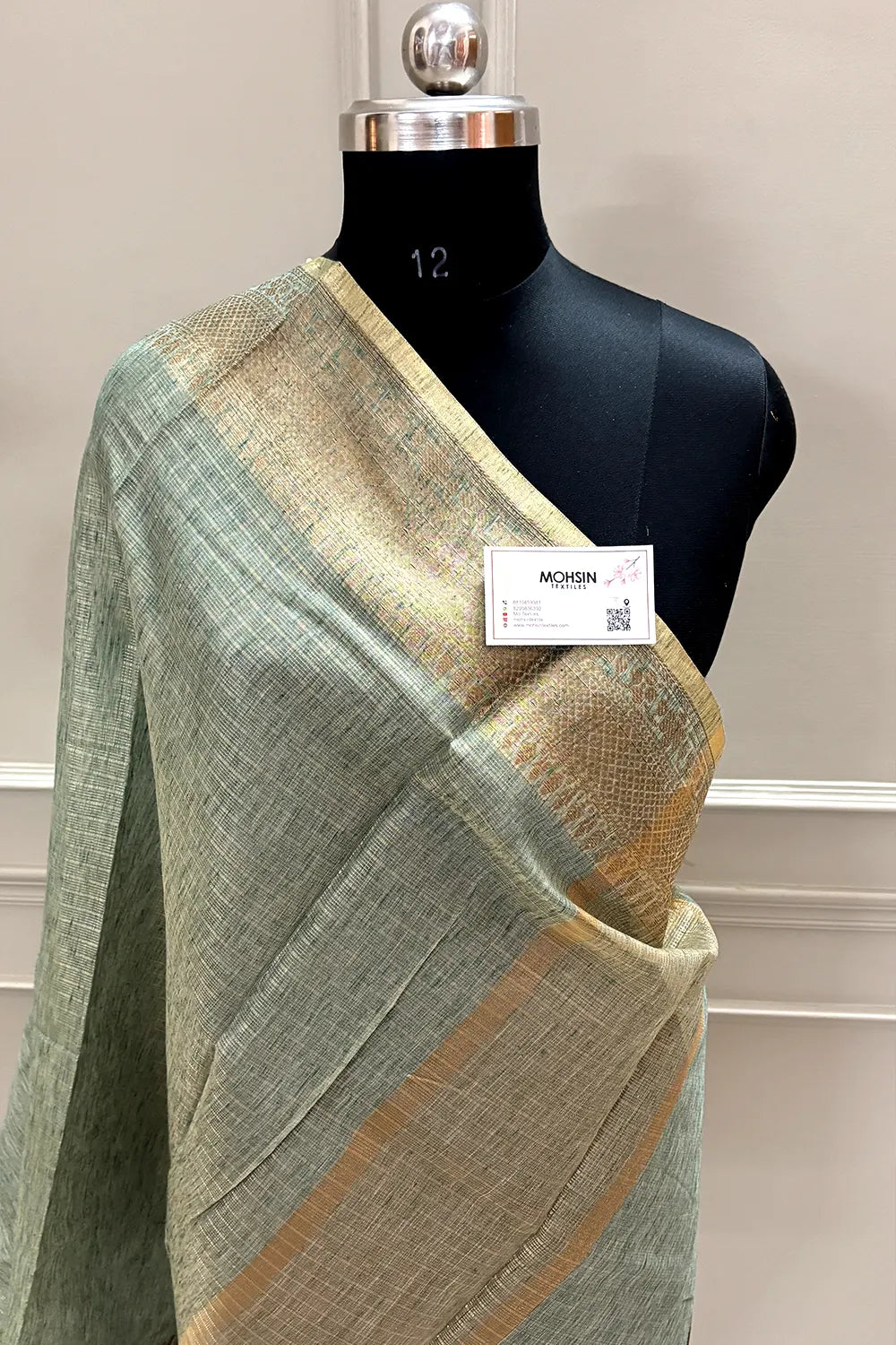 Mint Green Linen Silk Banarasi Saree