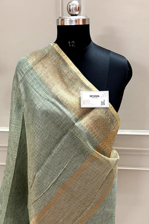 Mint Green Linen Silk Banarasi Saree