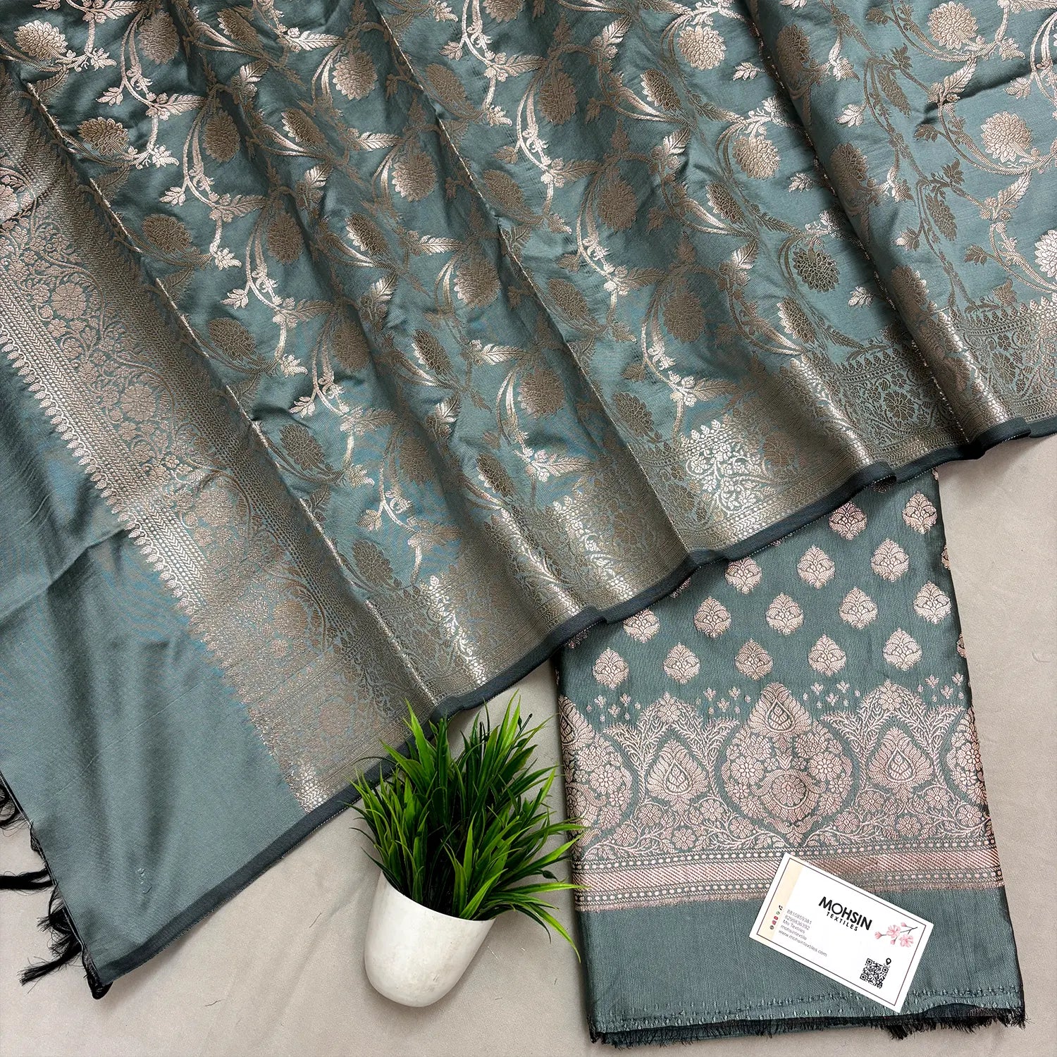 Mint Green Singhasan Buti Semi Katan Silk Banarasi Suit