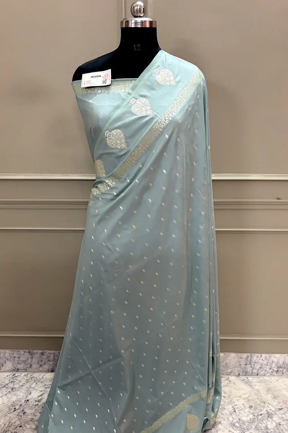 Mint Grey Hukum Buti Katan Silk Banarasi Saree