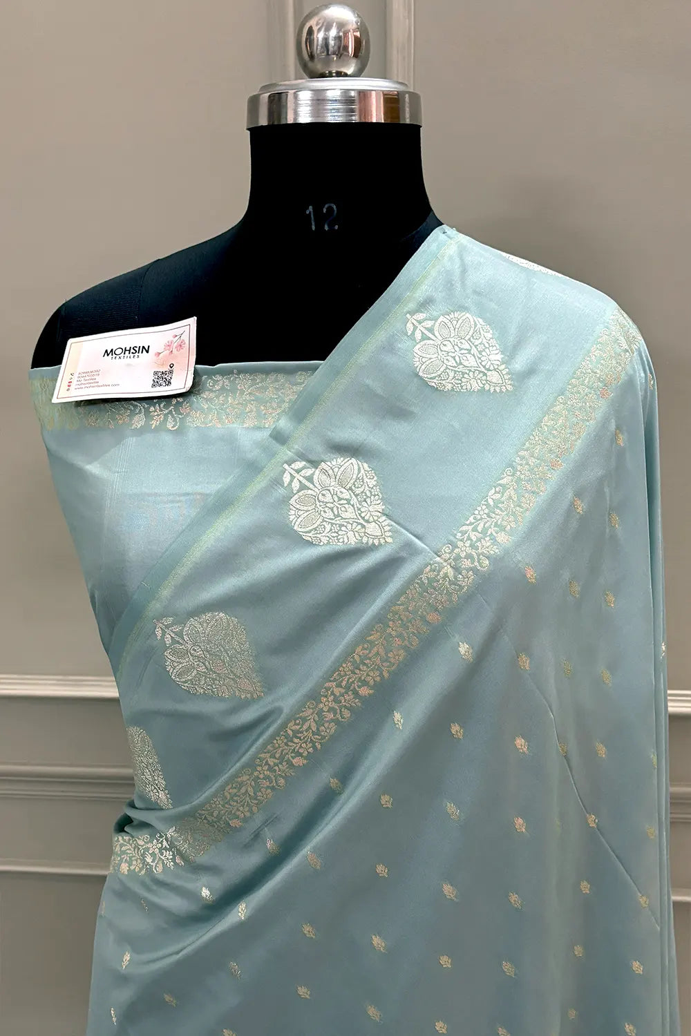 Mint Grey Hukum Buti Katan Silk Banarasi Saree