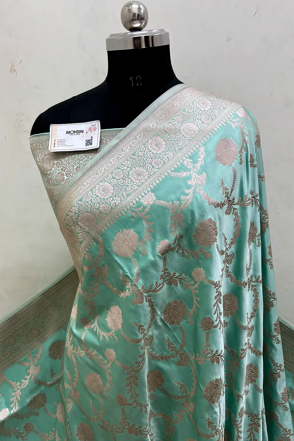 Mint Laabela Jaal Katan Mashru Silk Banarasi Saree