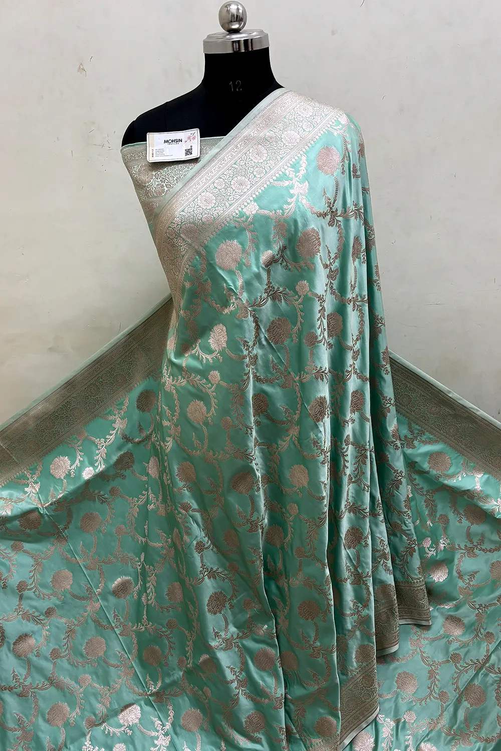 Mint Laabela Jaal Katan Mashru Silk Banarasi Saree