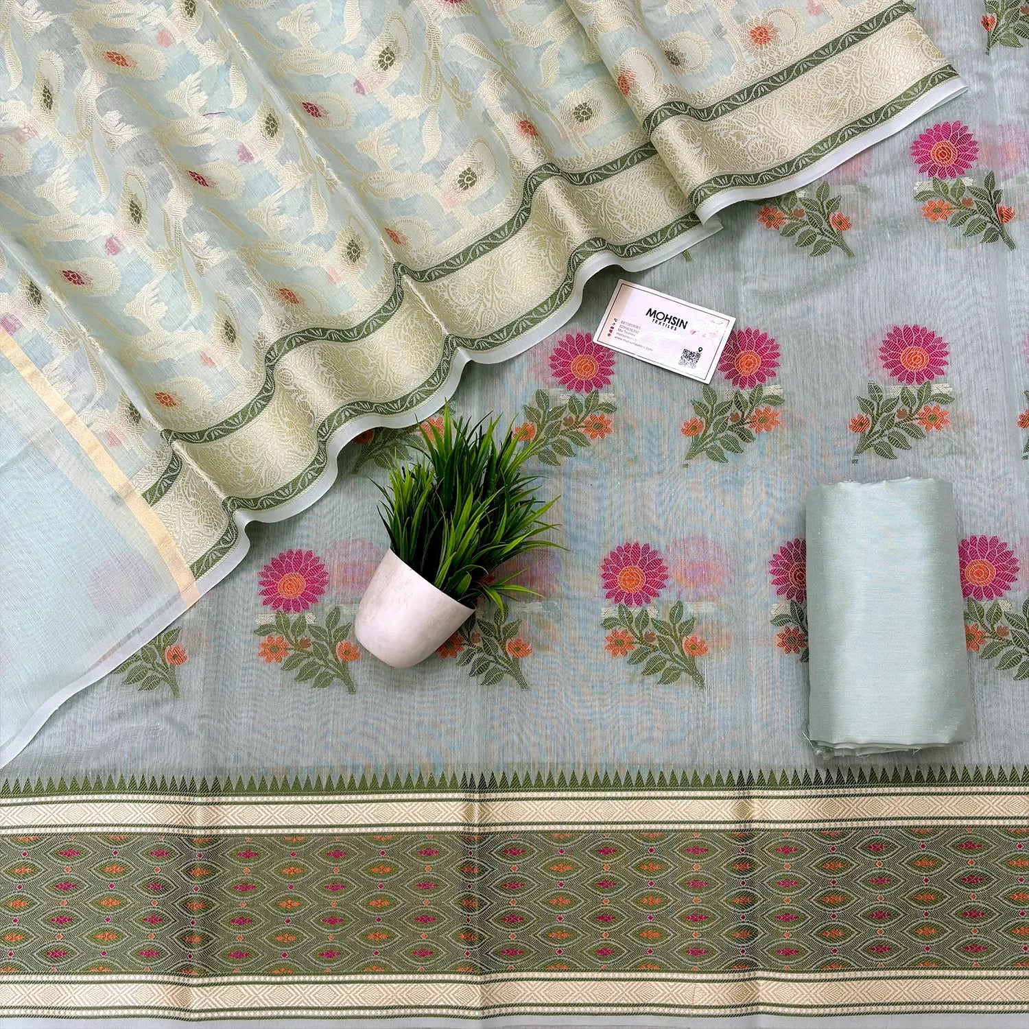 Mint Resham Banarasi Silk Suit