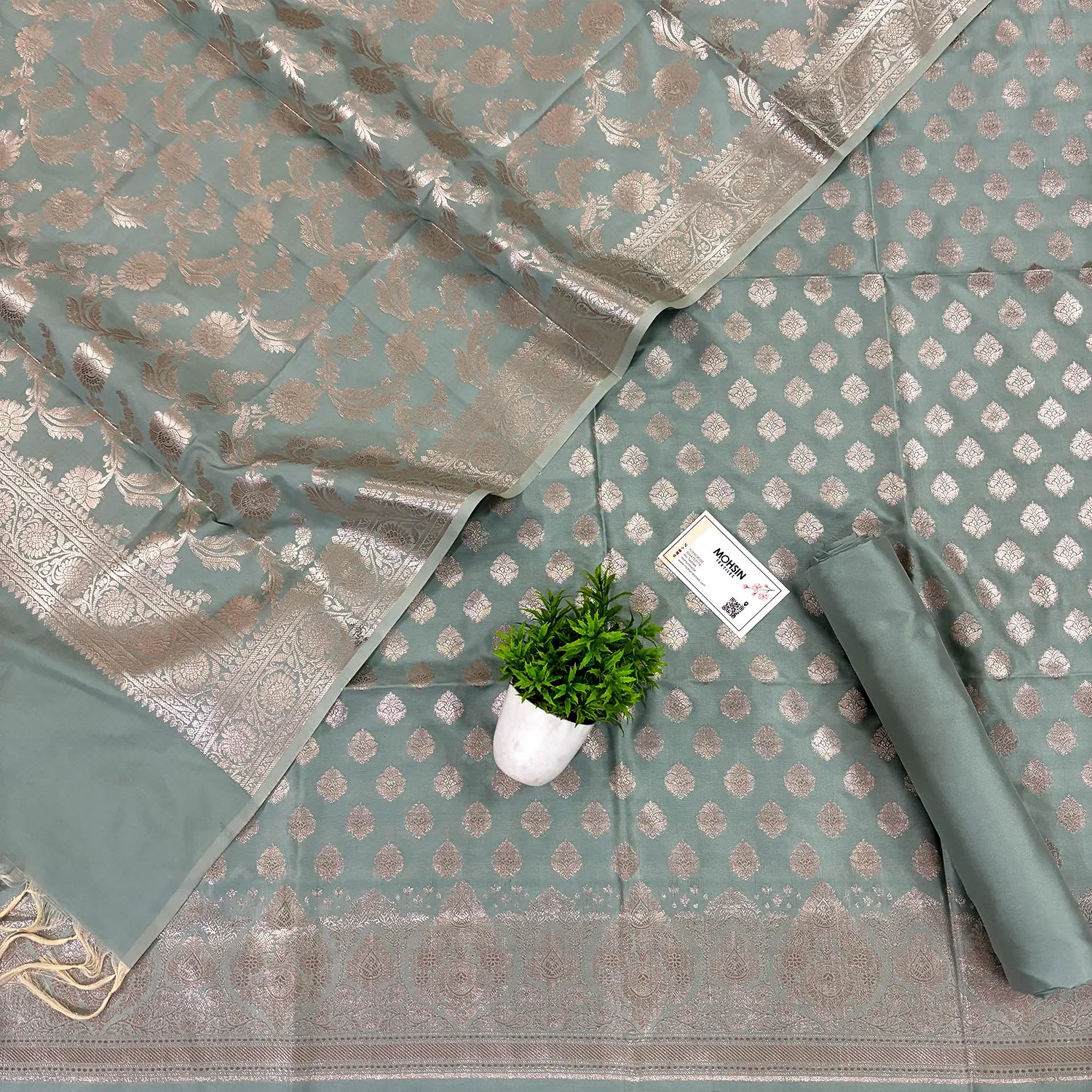 Mint Singhasan Buti Satin Silk Banarasi Suit