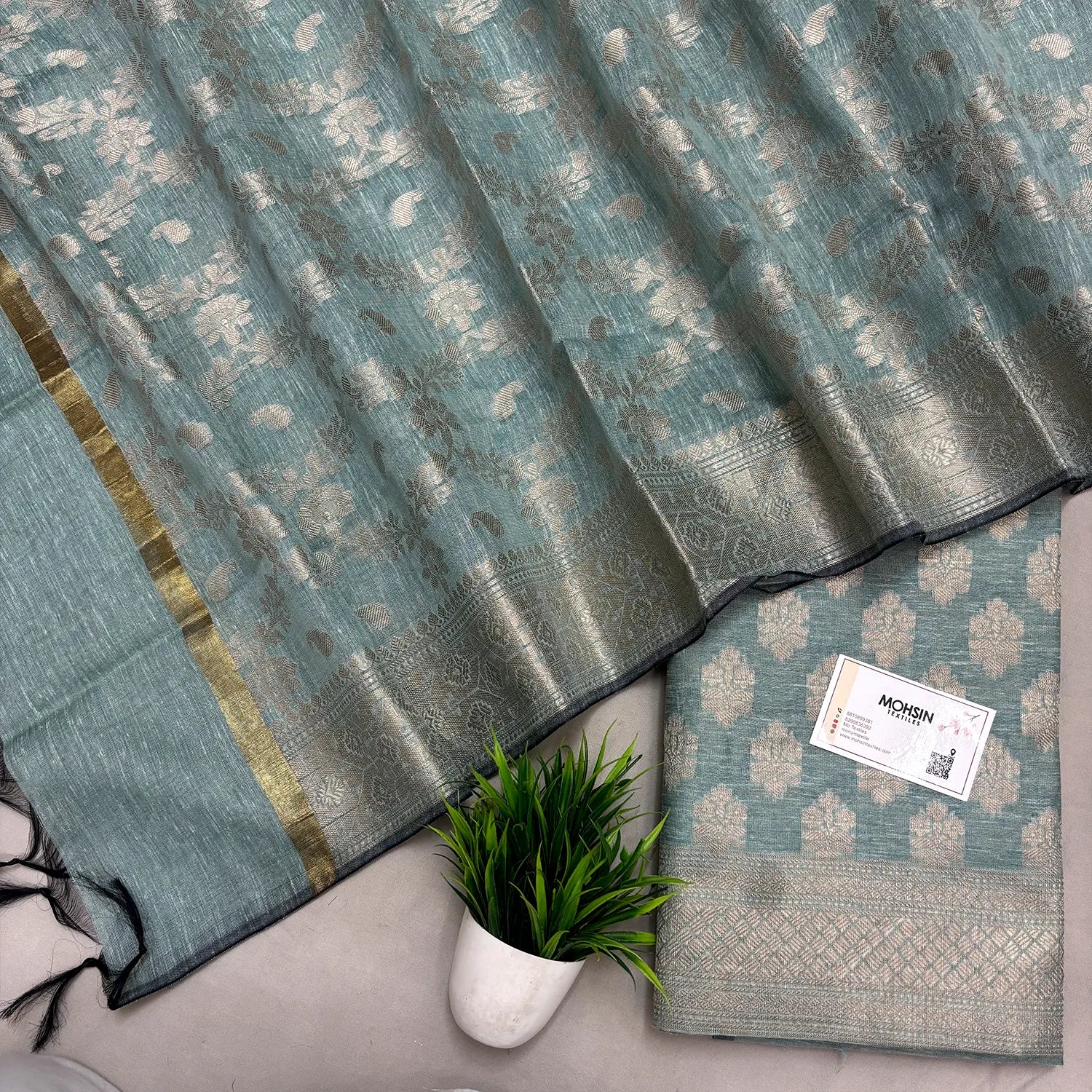 Mint Tri Phool Linen Silk Banarasi Suit