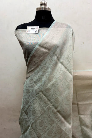 Mint Zari Linen Silk Banarasi Saree