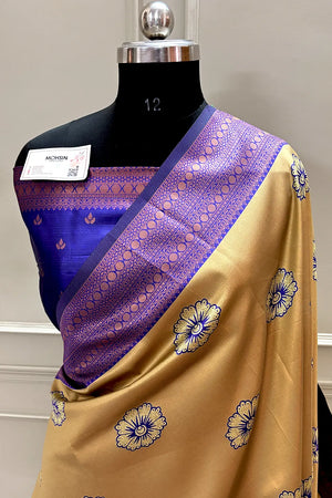 Mustard and Blue Resham Zari Banarasi Silk Saree