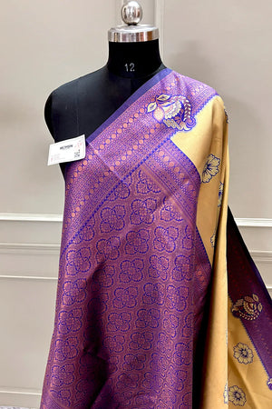 Mustard and Blue Resham Zari Banarasi Silk Saree