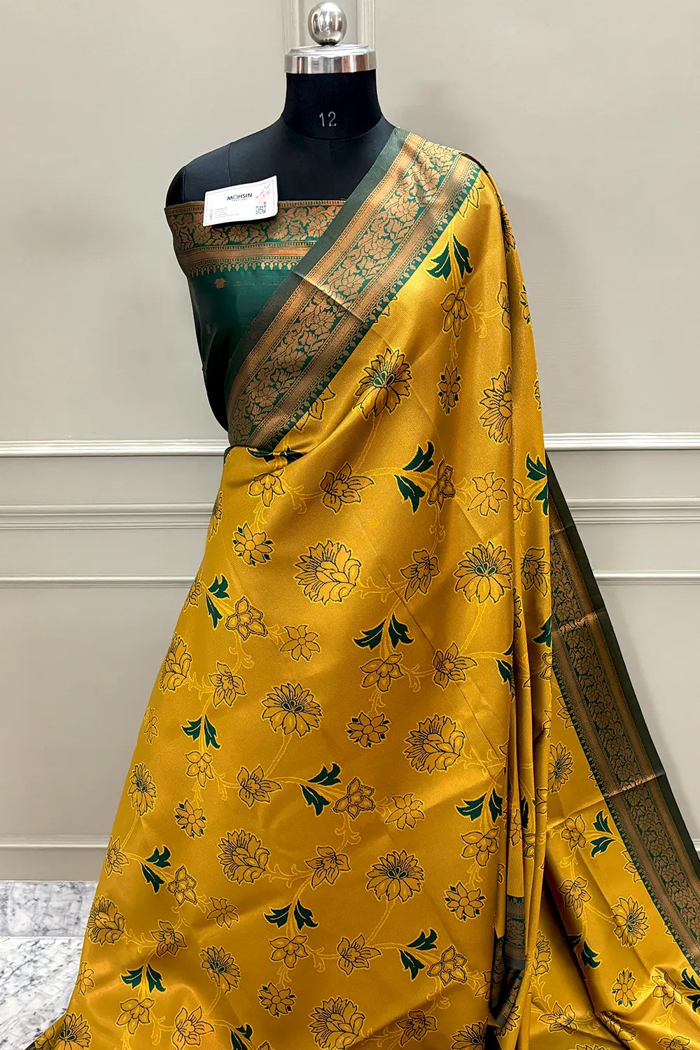 Mustard and Bottle Green Resham Zari Banarasi Silk Saree