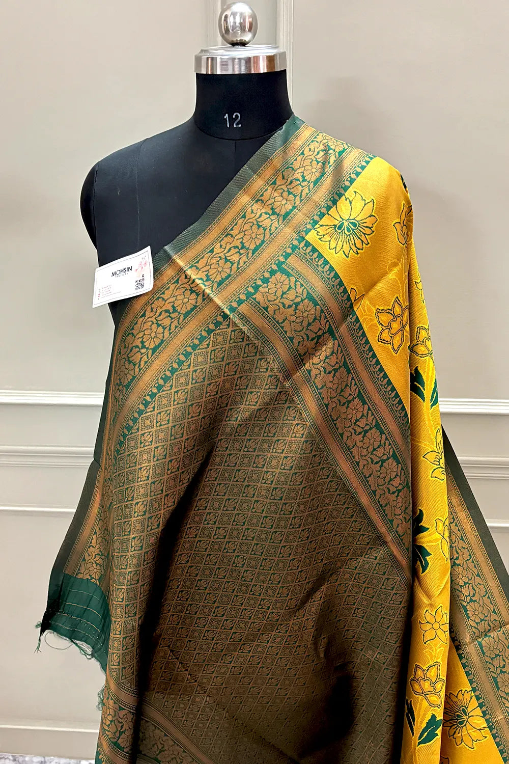 Mustard and Bottle Green Resham Zari Banarasi Silk Saree