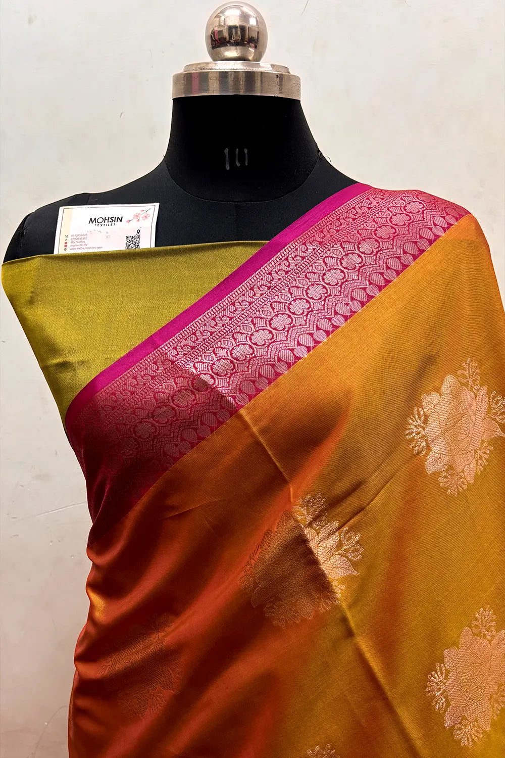Mustard and Mehendi Gulaboo Semi Katan Silk Banarasi Saree