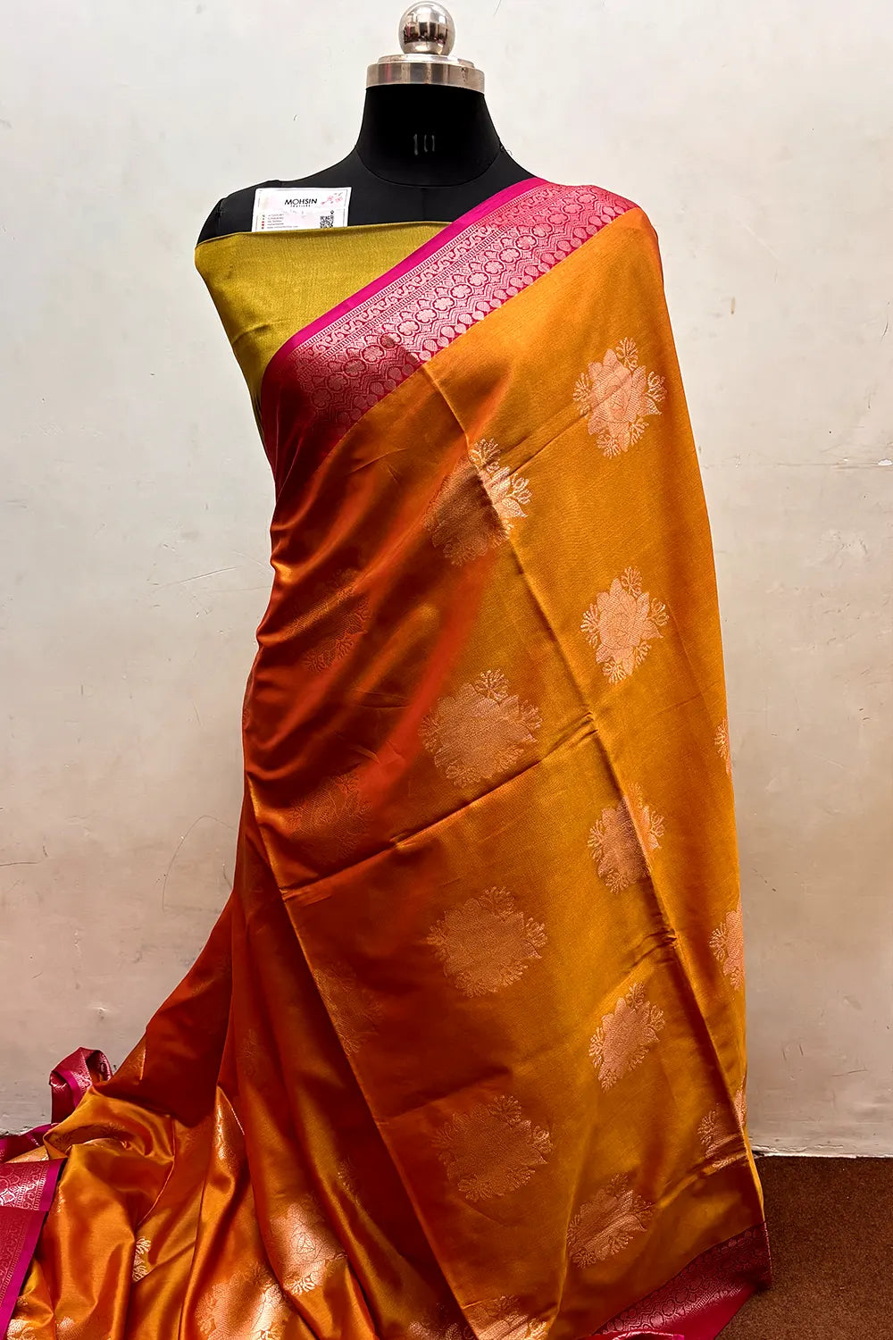 Mustard and Mehendi Gulaboo Semi Katan Silk Banarasi Saree