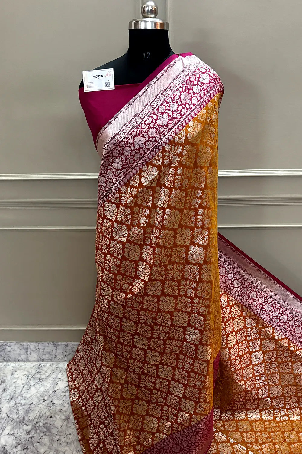 Mustard and Pink Temple Buta Katan Silk Banarasi Saree