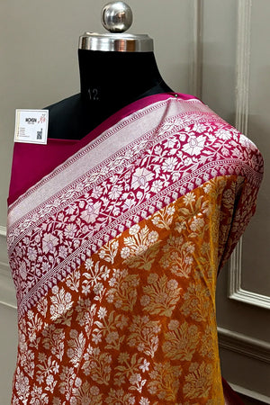 Mustard and Pink Temple Buta Katan Silk Banarasi Saree