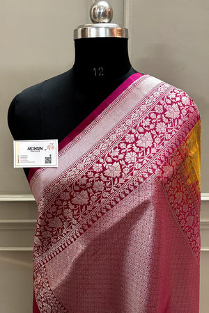 Mustard and Pink Temple Buta Katan Silk Banarasi Saree