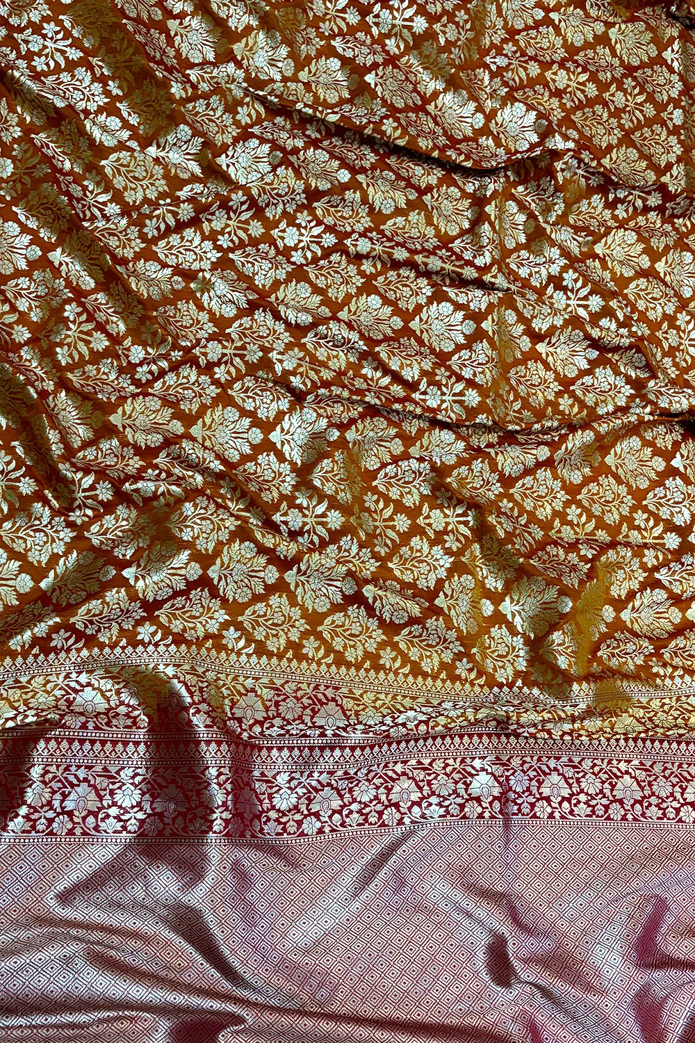 Mustard and Pink Temple Buta Katan Silk Banarasi Saree