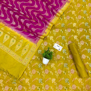 Mustard and Pink Zari Katan Silk Banarasi Suit