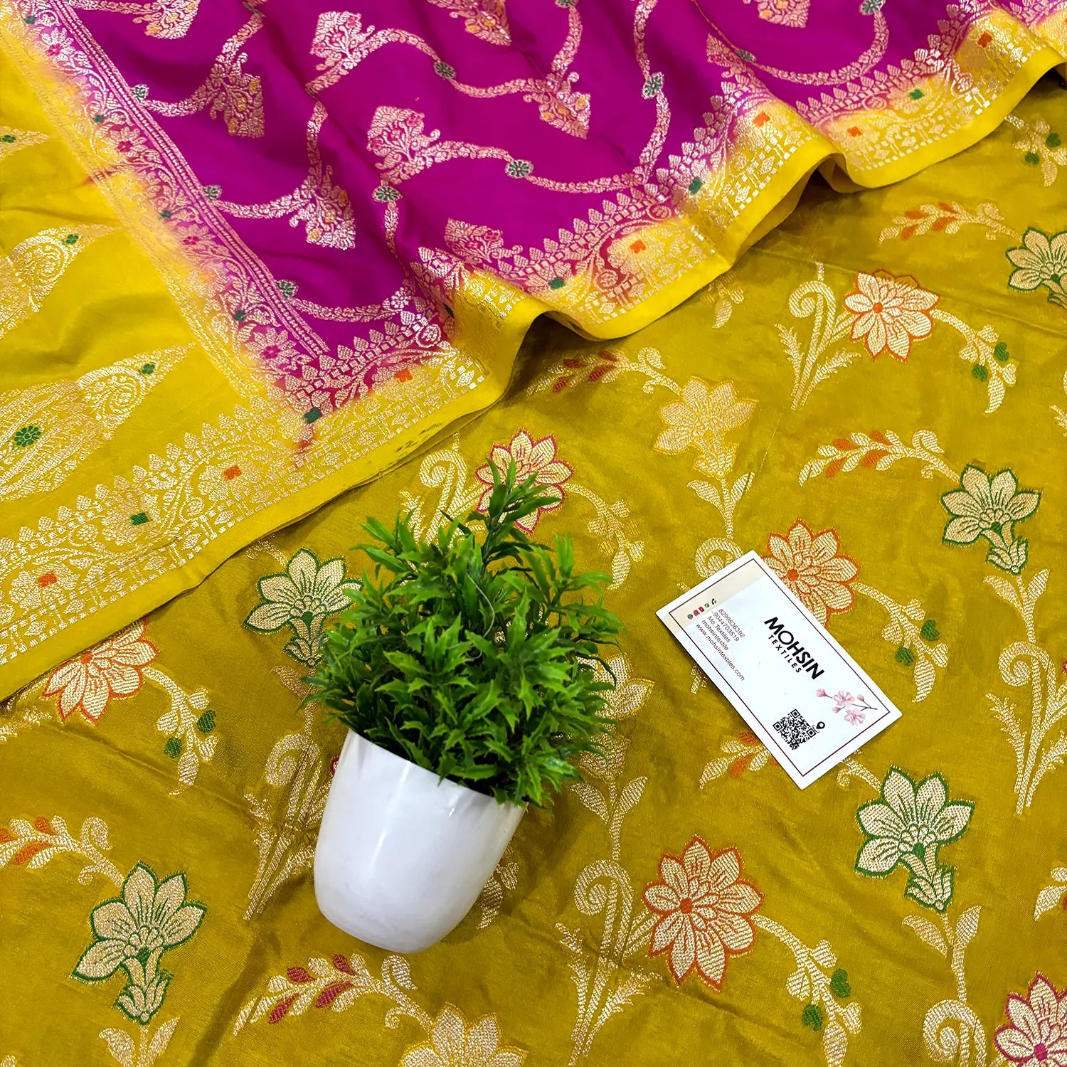 Mustard and Pink Zari Katan Silk Banarasi Suit