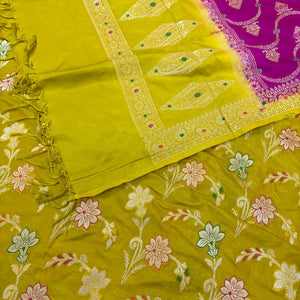 Mustard and Pink Zari Katan Silk Banarasi Suit