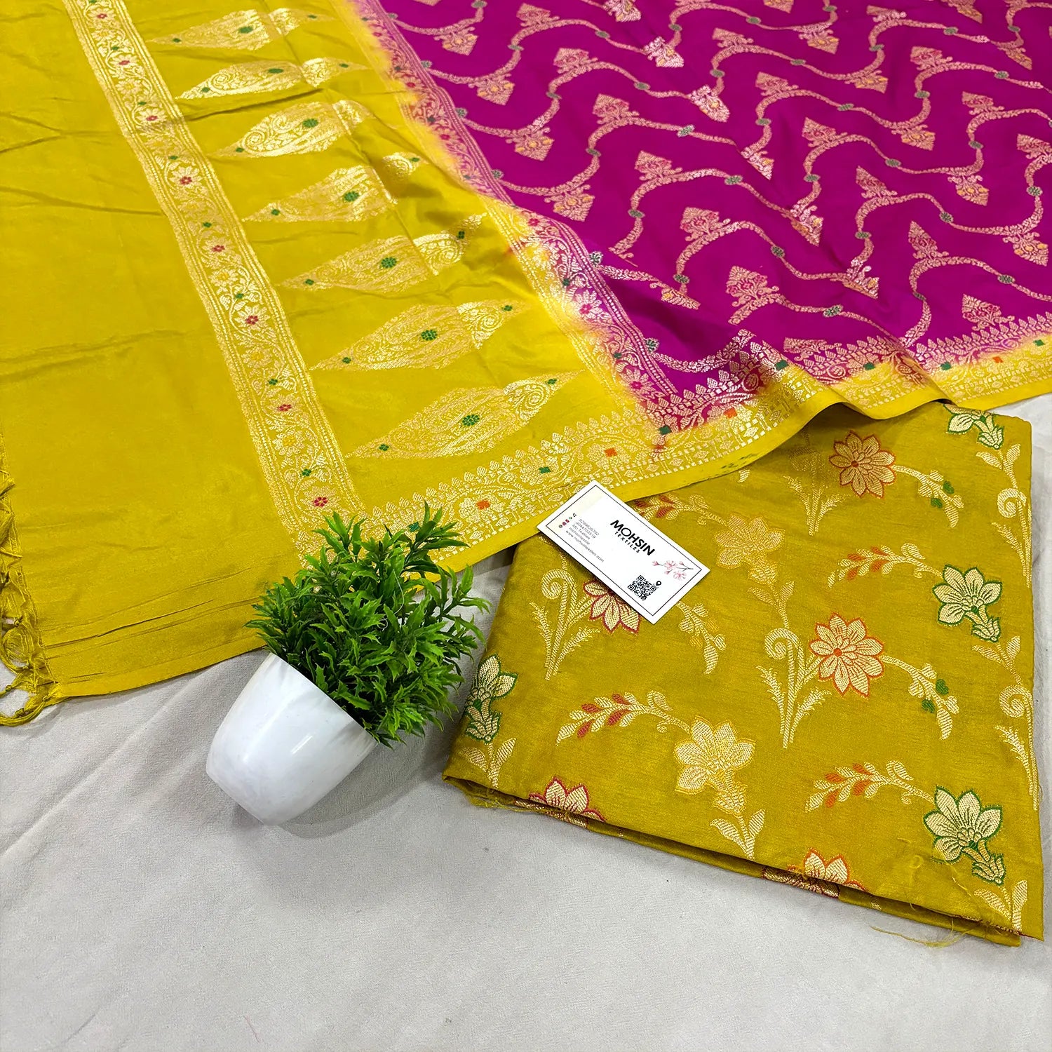 Mustard and Pink Zari Katan Silk Banarasi Suit