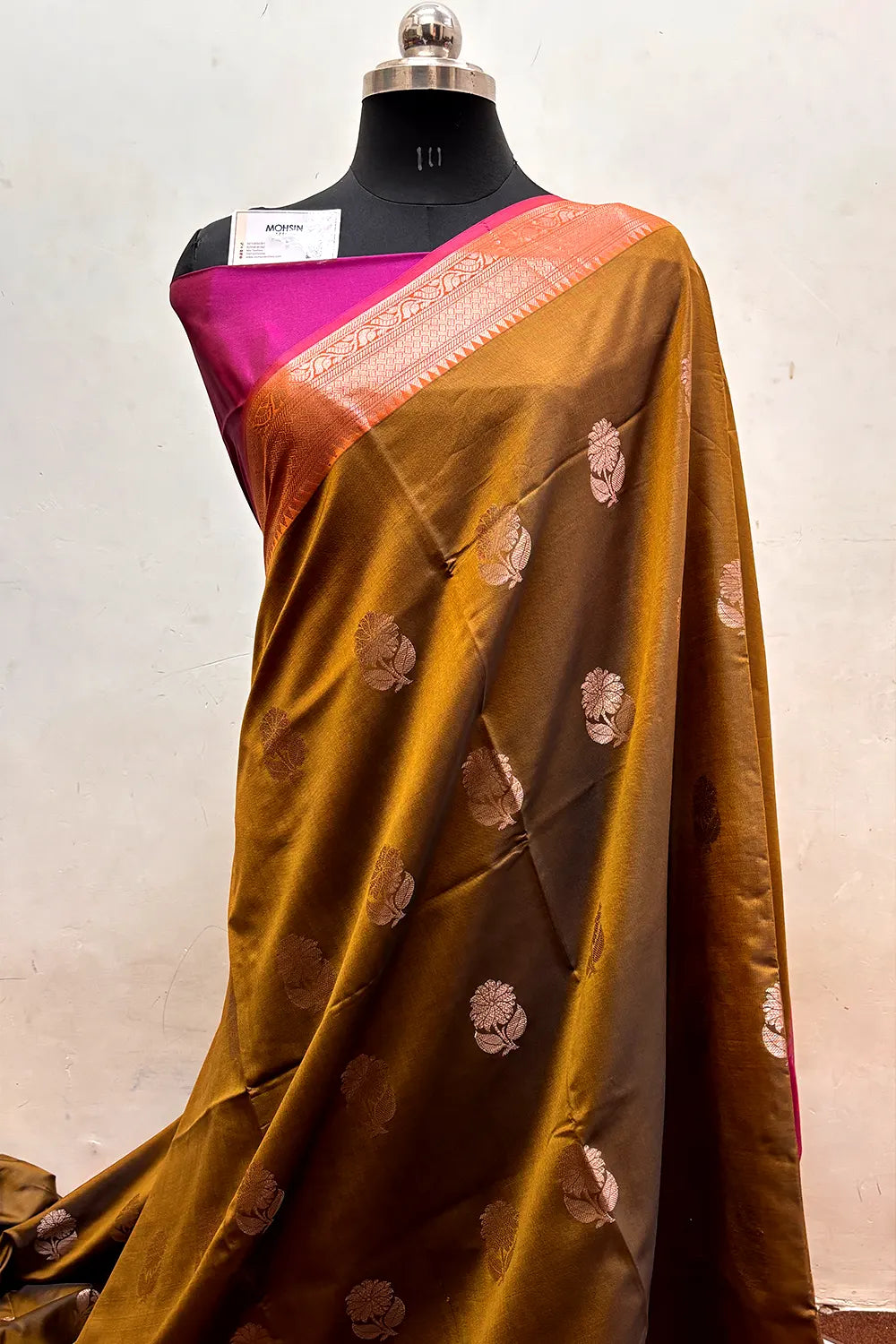 Mustard and Pink Zari Semi Katan Silk Banarasi Saree