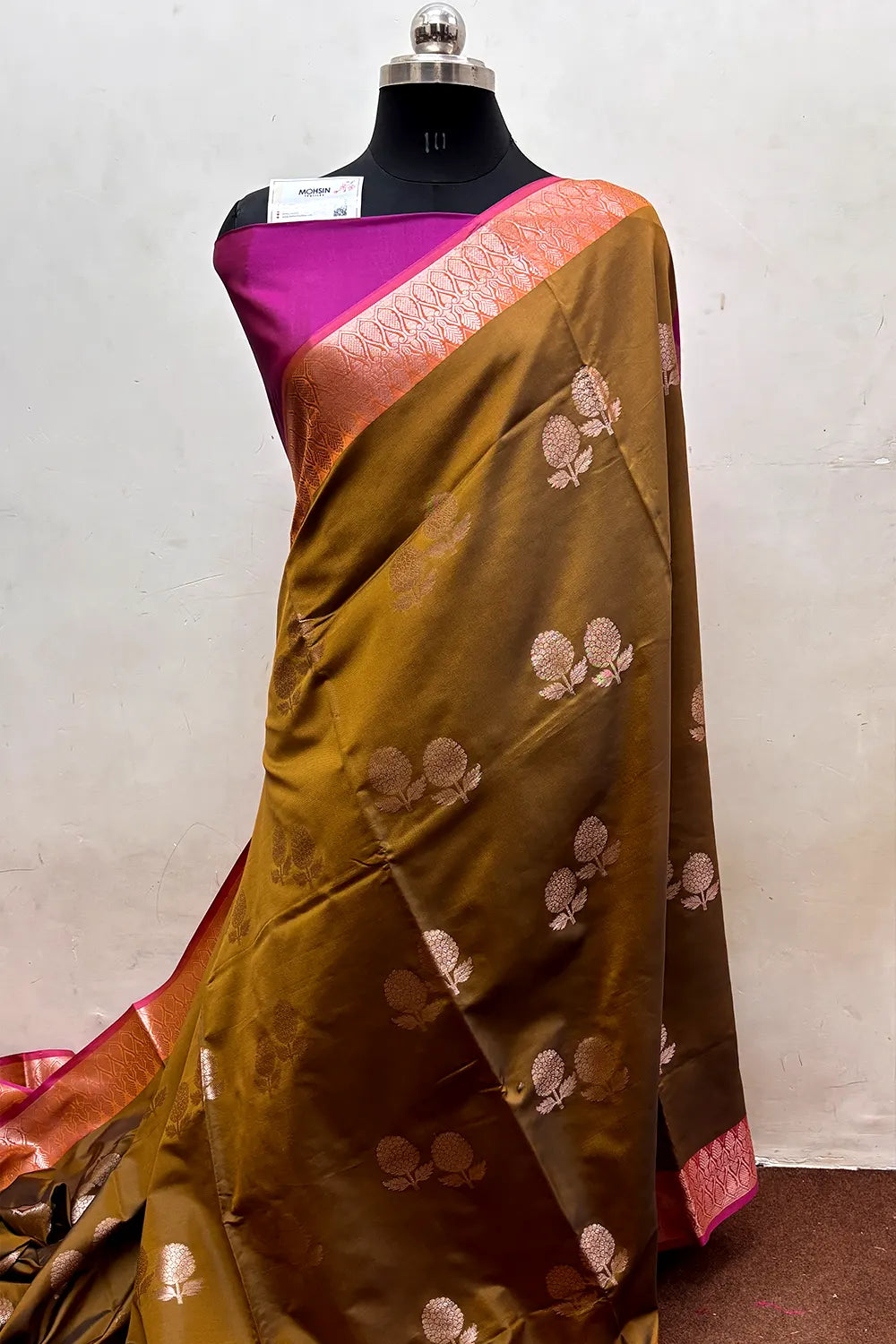 Mustard and Pink Zari Semi Katan Silk Banarasi Saree