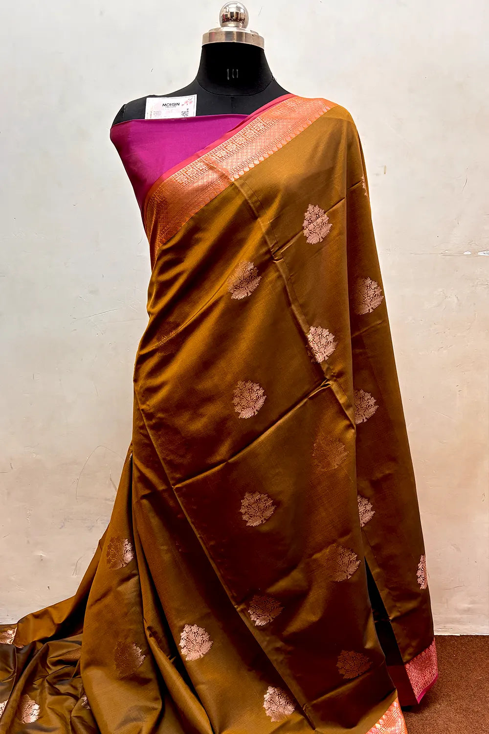Mustard and Pink Zari Semi Katan Silk Banarasi Saree