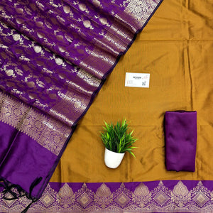 Mustard and Purple Plain Semi Katan Silk Banarasi Silk Suit