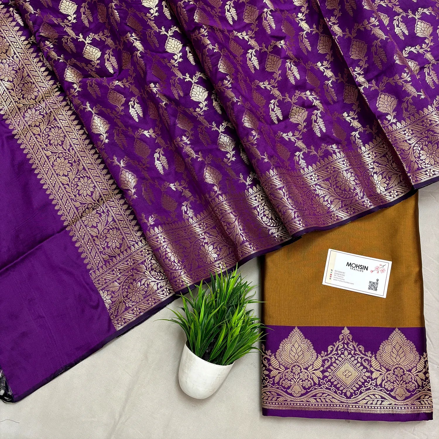 Mustard and Purple Plain Semi Katan Silk Banarasi Silk Suit