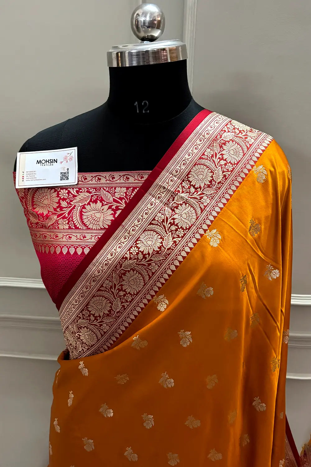Mustard and Red Chaman Buti Katan Mashru Silk Banarasi Saree